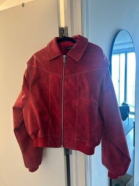 Lioness Red Suede Zip-Front Bomber Jacket